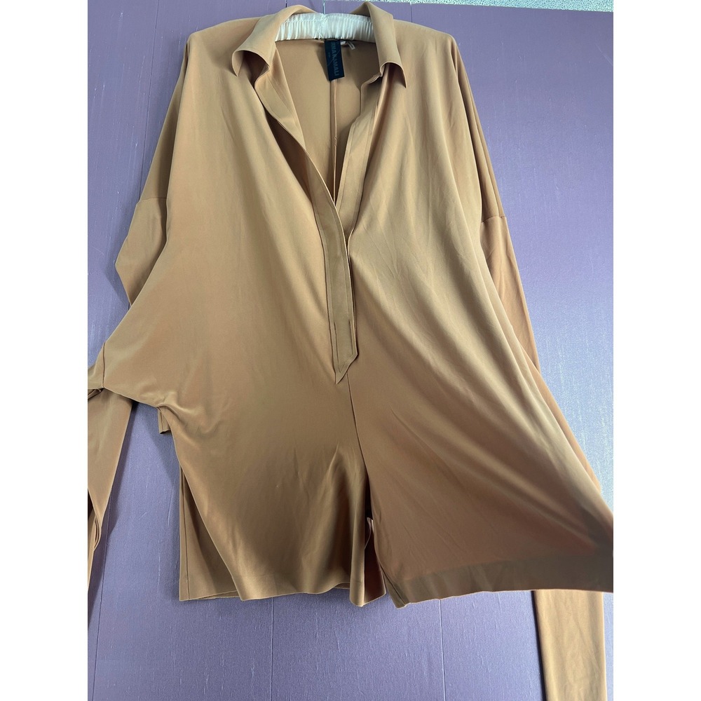 Norma Kamali Minimalist Tan Long Sleeve Tie Front Designer Romper Playsuit S - Picture 8 of 16